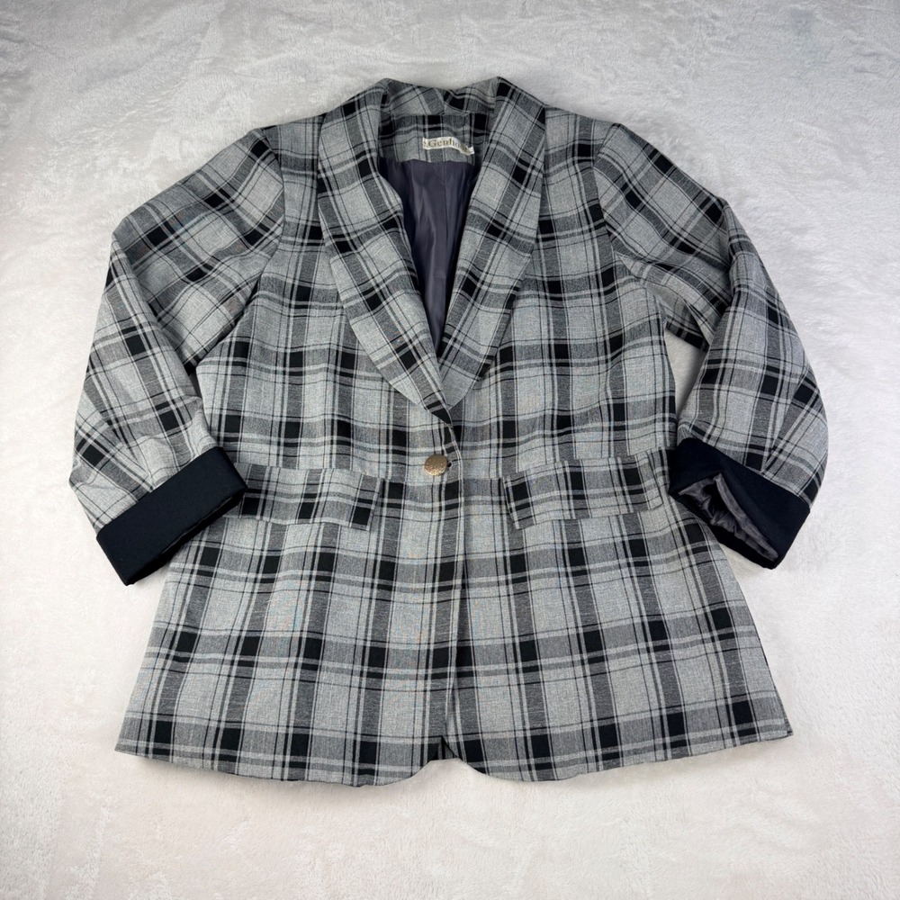 Genhoo Plaid Blazer Womens L Grey Black Shawl Lapel Dark Academia Lined
